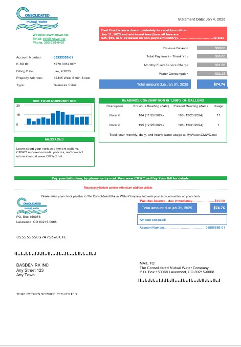 USA Consolidated Mutual Water business utility bill template in Word and PDF formats